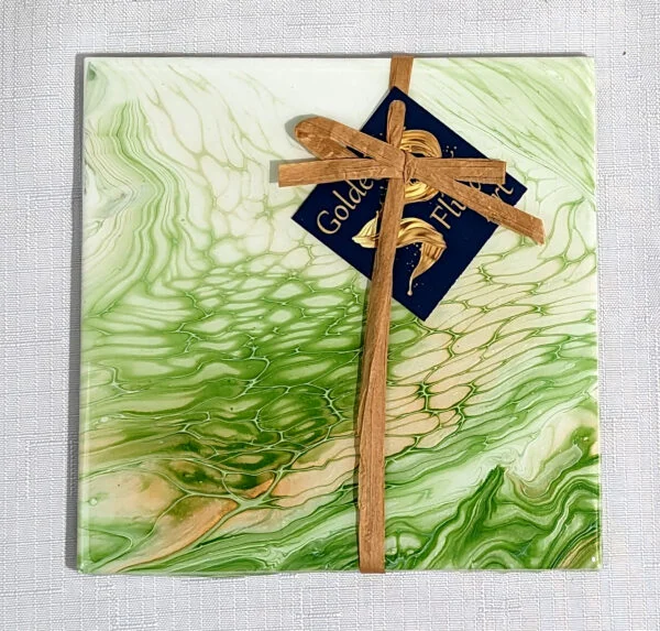 Original Functional Artwork - 6" x 6" Trivet Sage Green Orange Swipe