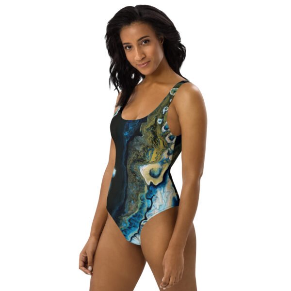 front side view of woman wearing Blue Lagoon one-piece swimsuit
