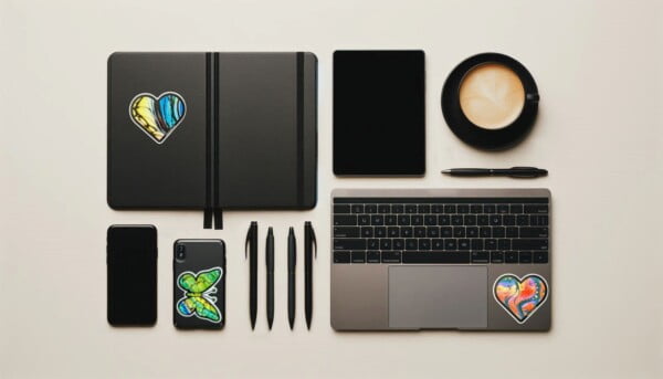 flat lay with a sample of art vinyl stickers on stationary and electronics