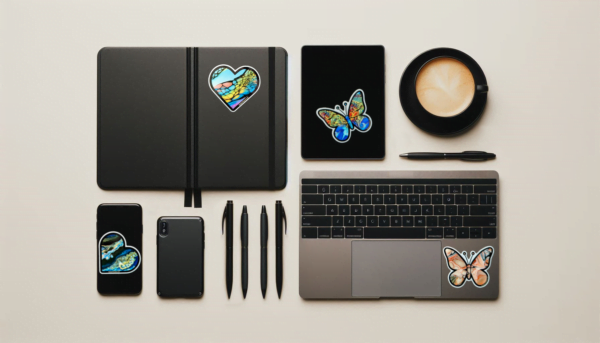 flat lay with a sample of art vinyl stickers on stationary and electronics