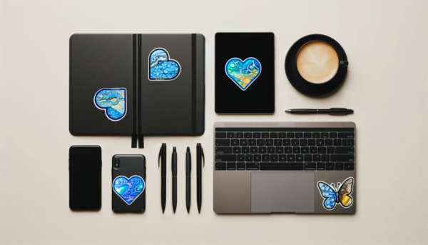 flat lay with a sample of art vinyl stickers on stationary and electronics