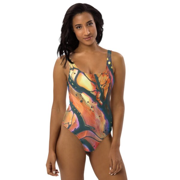 front view of woman wearing Autumn Breeze one-piece swimsuit