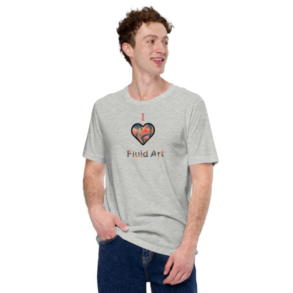 man wearing grey shirt with print "I heart fluid art"