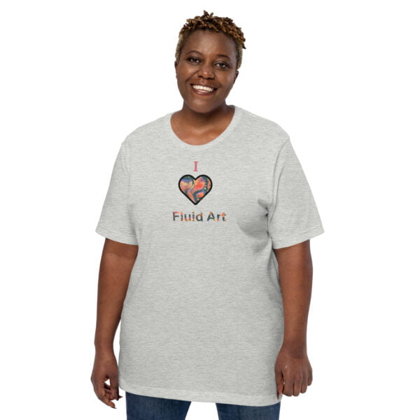 plus size woman wearing grey shirt with print "I heart fluid art"