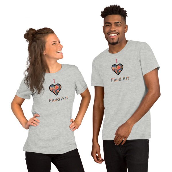 man and woman both wearing grey shirts saying "I heart fluid art"