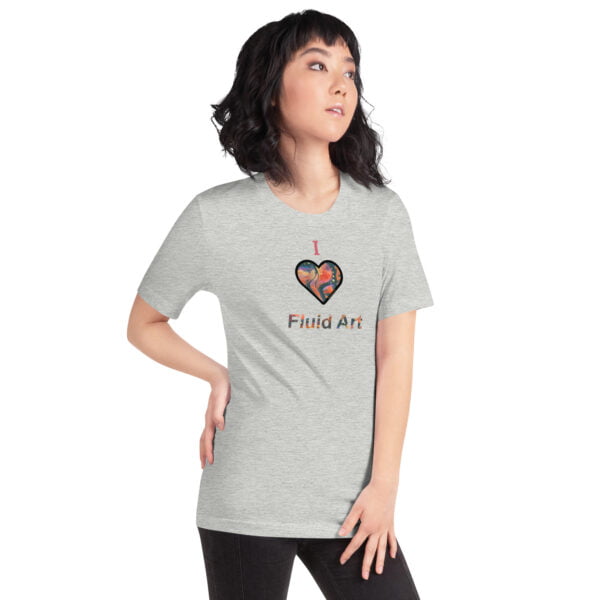 woman wearing grey shirt with print "I heart fluid art"