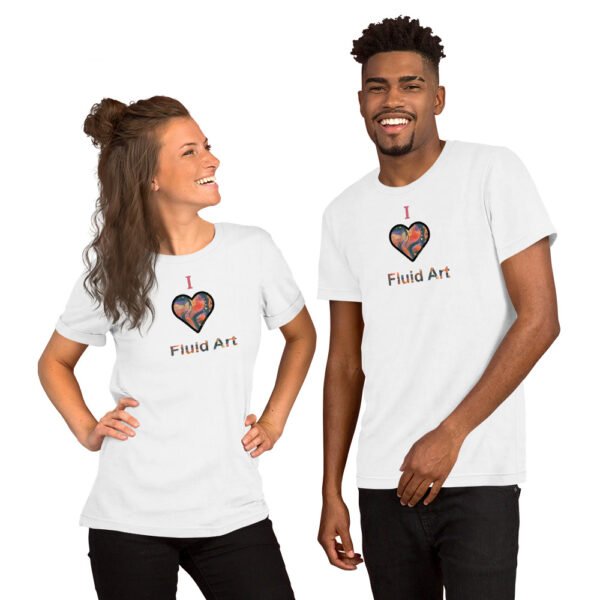 woman and man wearing white shirt with print "I heart fluid art"