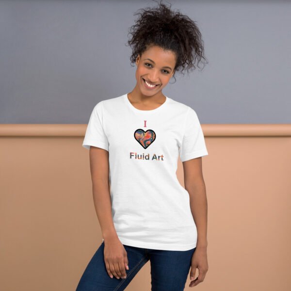 woman wearing white shirt with print "I heart fluid art"