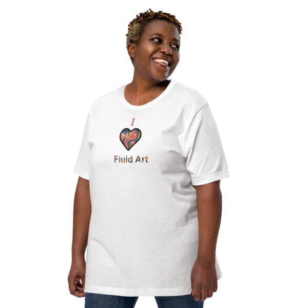 plus size woman wearing white shirt with print "I heart fluid art"