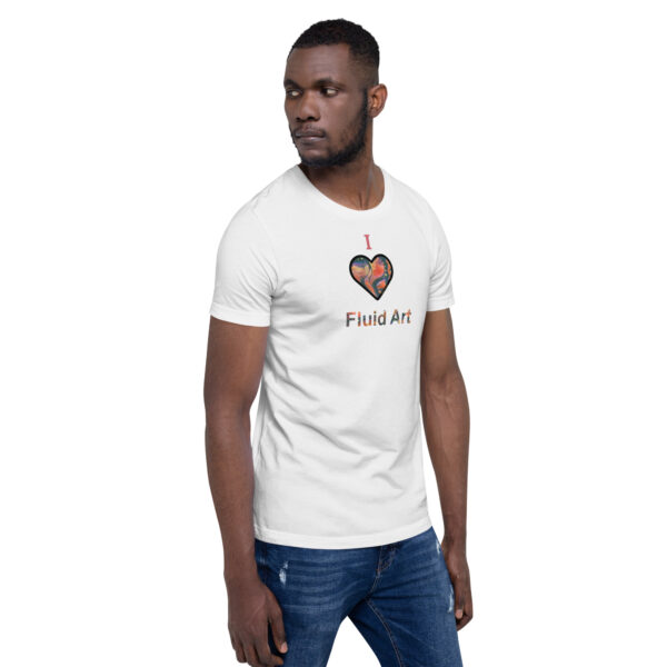 man wearing white shirt with print "I heart fluid art"